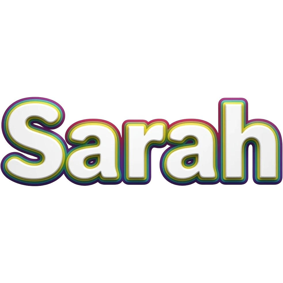 name "Sarah " in crisp white typography lettering, each color of the rainbow as a border outlined around each letter, isolated, 3d rendering, no emoji icons no emoji faces and must have no human figures emoji