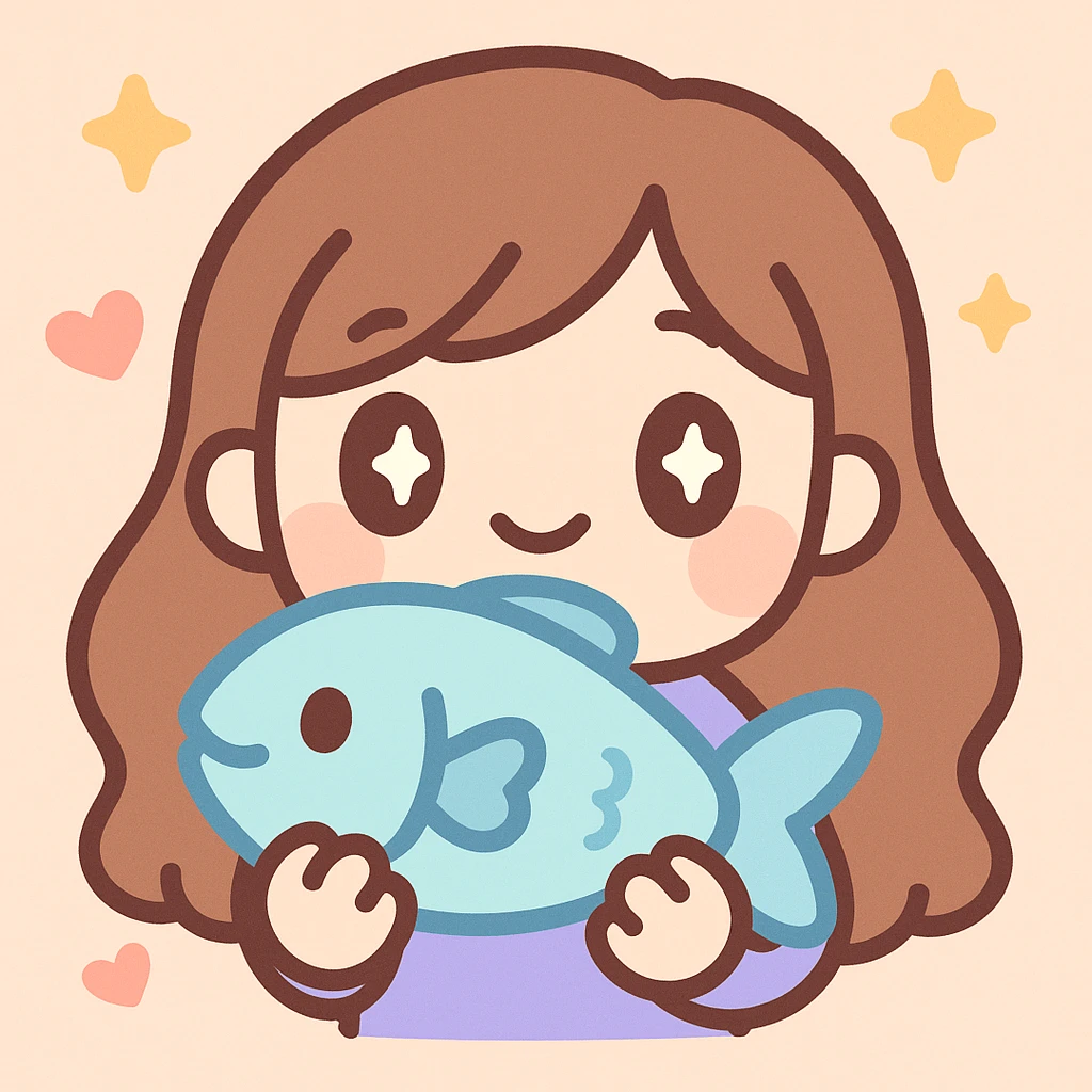twitch emote of a cute cartoon girl with long brown hair holding a fish, digital art, vibrant colors, expressive face, chibi proportions emoji