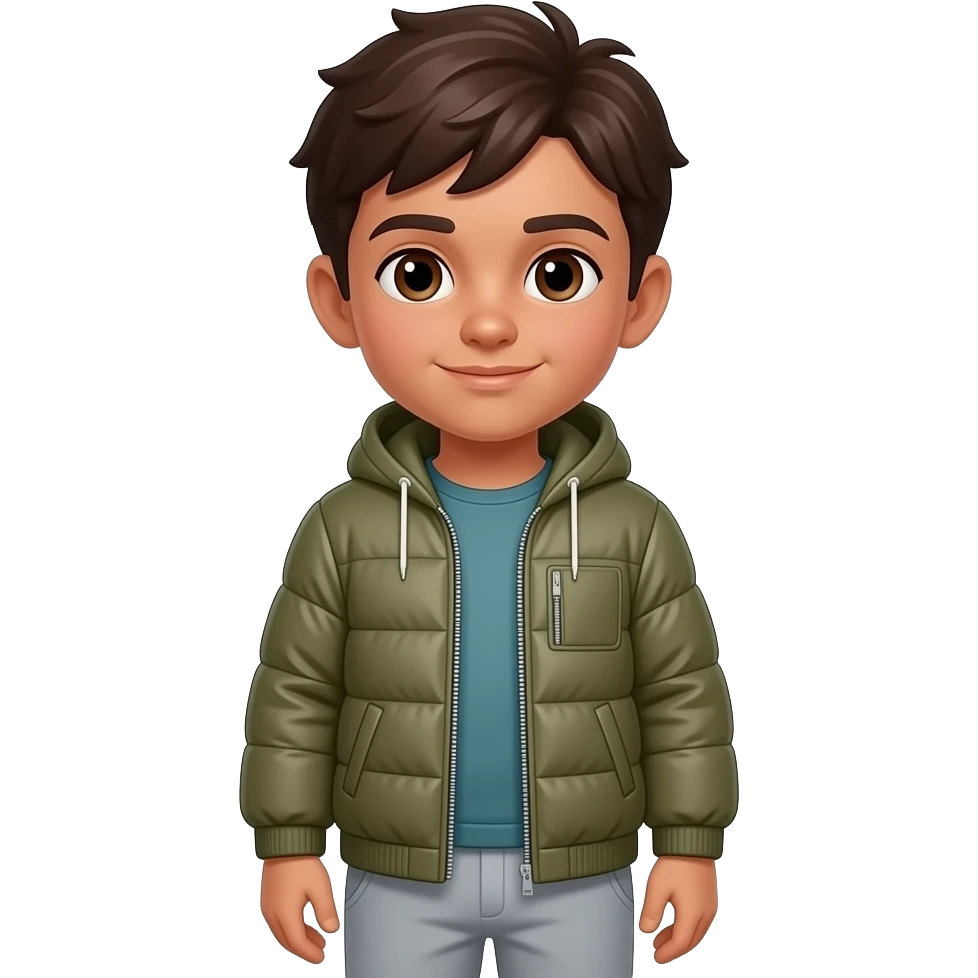 Make a Boy with slightly brown skin color, brown eyes and dark brown hair. He is wearing a Softshell Jacket and Sweatpants. emoji
