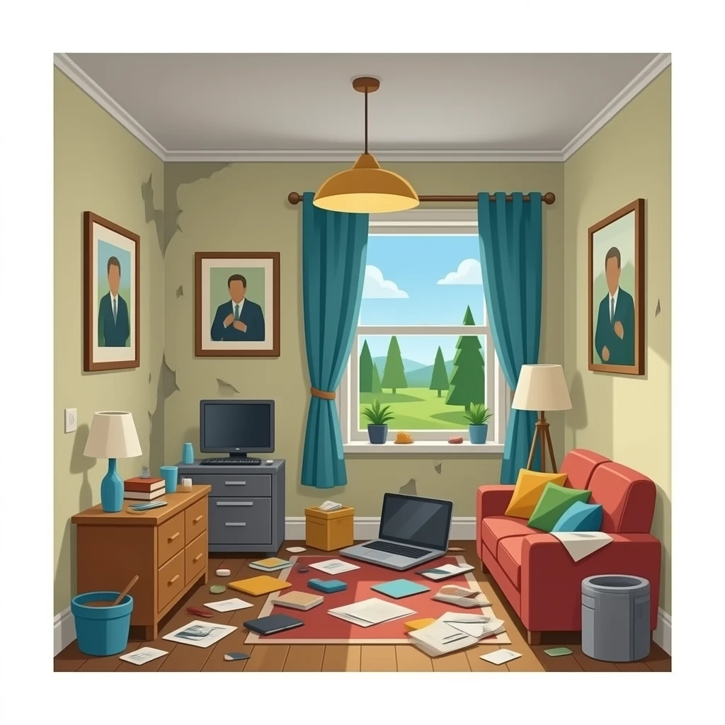 hazme una foto en el interior de una casa un poco destrozada i un poco desordenada emoji