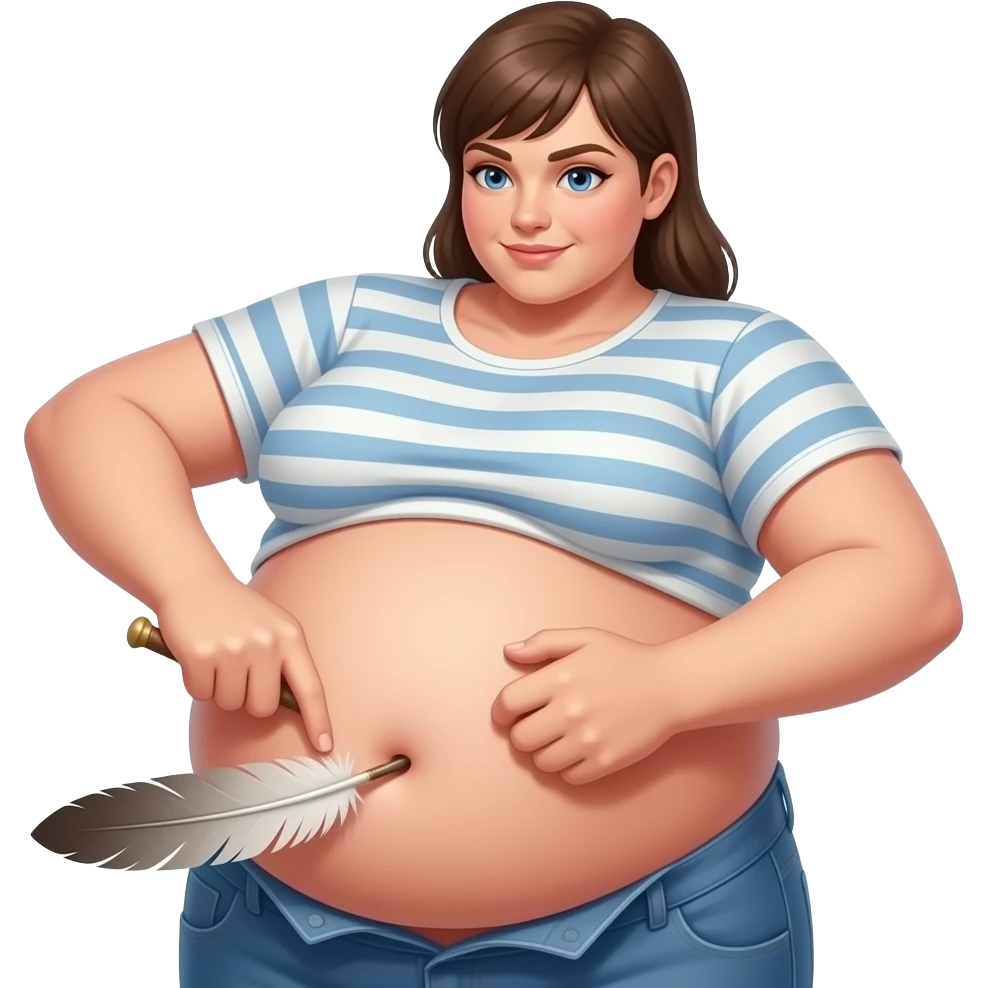 A girl with a huge bloated belly,now faces a battle with a feather that wants to tickle her bellybutton. emoji