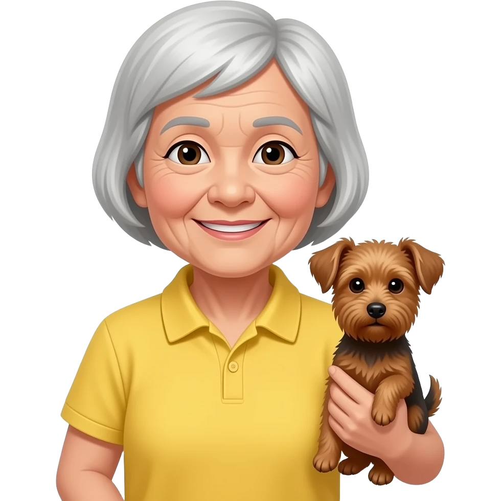 Asian grandma wearing yellow polo shirt with short white hair carrying brown terrier emoji