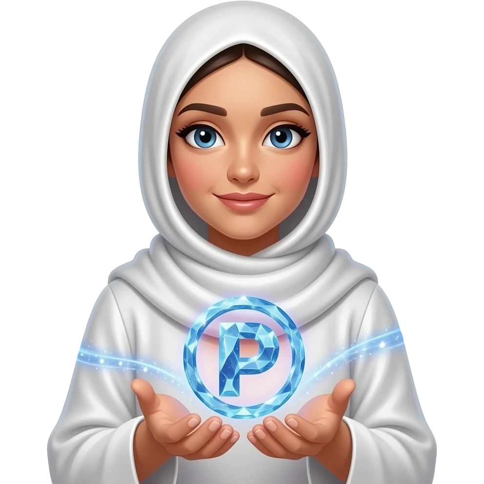 A beautiful woman in a pearl-white satin hijab holding a glowing Patreon logo made of crystalline light. Swirling trails of celestial energy and stardust surround her hands. Text: 'What do they get in?'. Isolated on white, soft pastel colors, 3D icon style, ultra-detailed emoji
