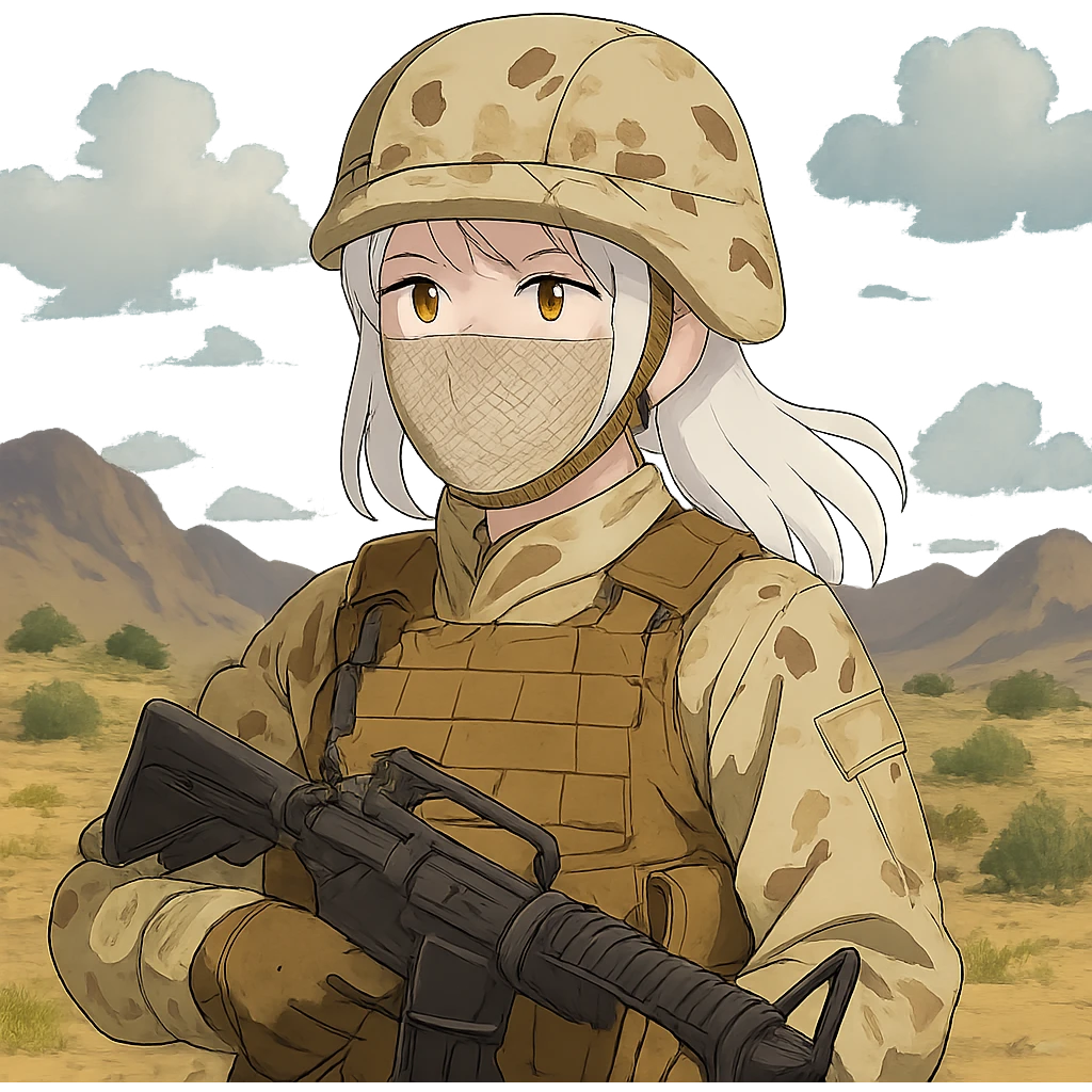 1 female, US soldier in afghanistan, 2010's era, she is wearing tan desert camo and a plate carrier with an m-16, gold yellow eyes, white hair, face covered emoji