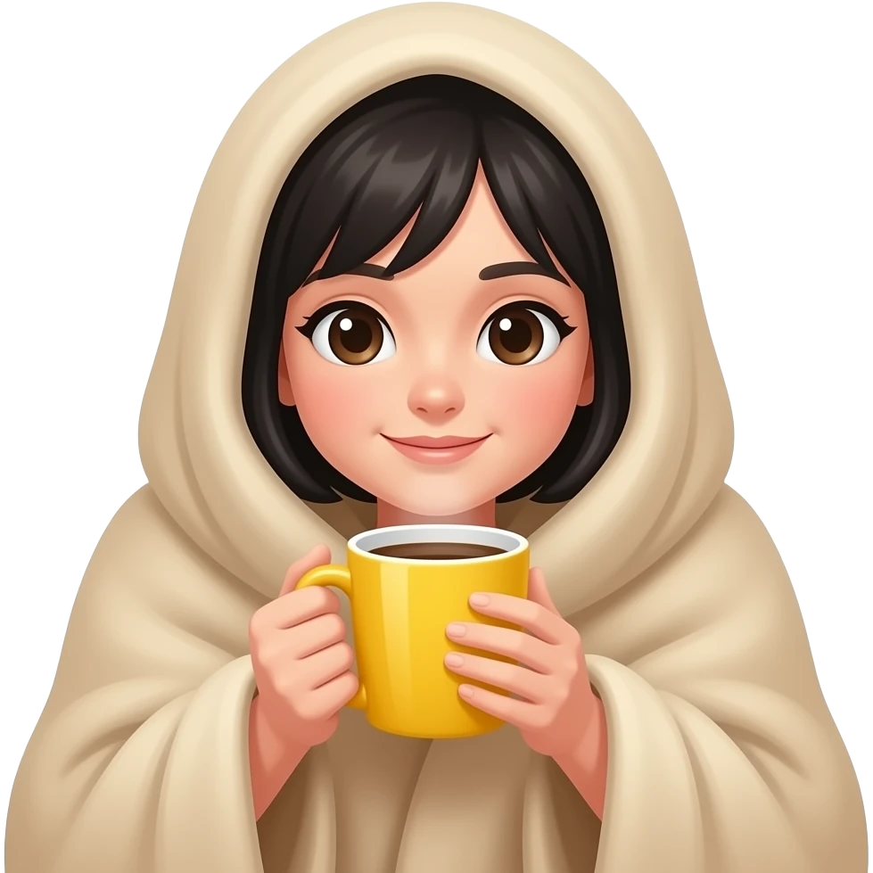 A white girl with black hair, with a large beige blanket, drinking coffee in a yellow mug, cozy and peace, iPhone emoji style emoji