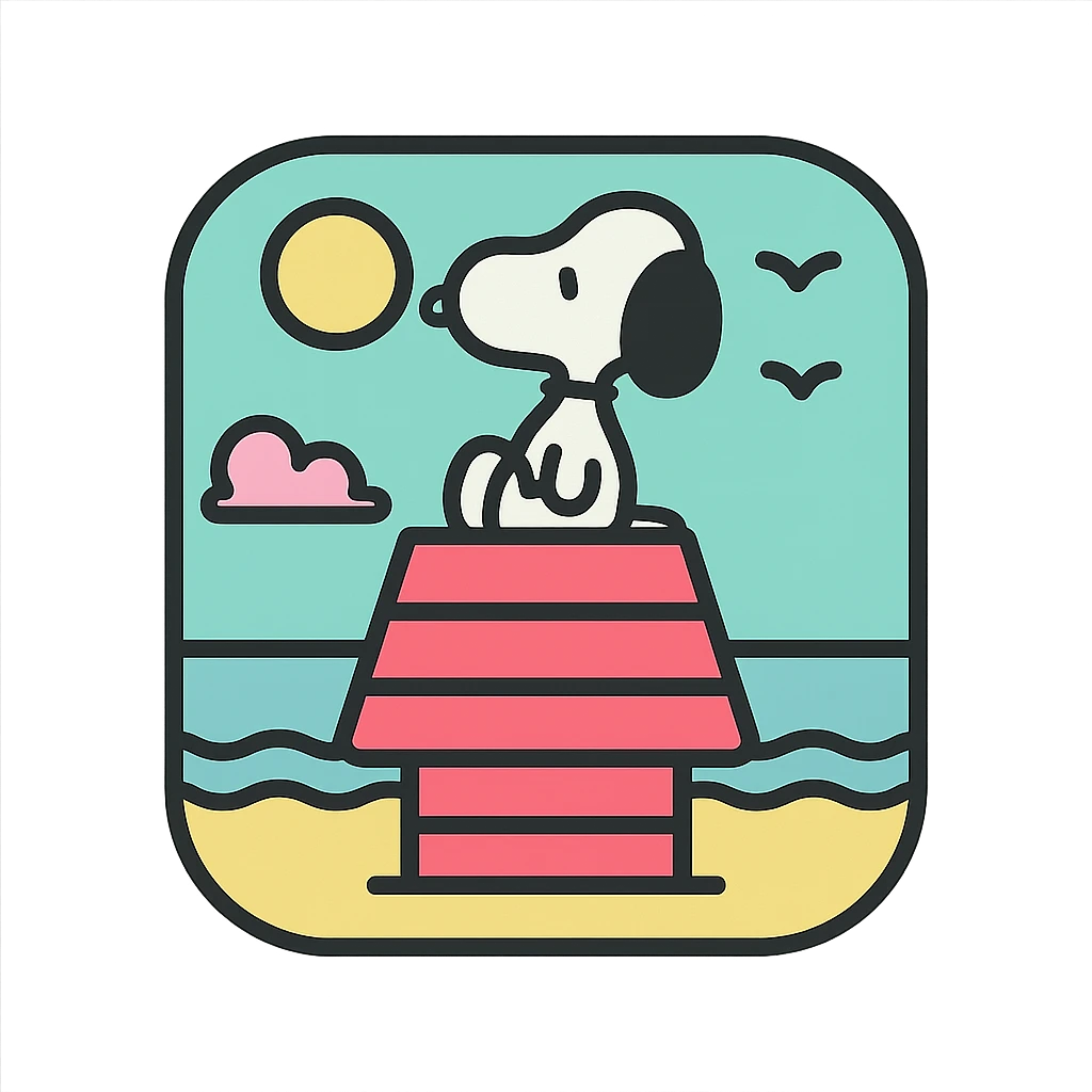 Snoopy, outlined, pastel colors, sitting on a doghouse, with a beach background emoji