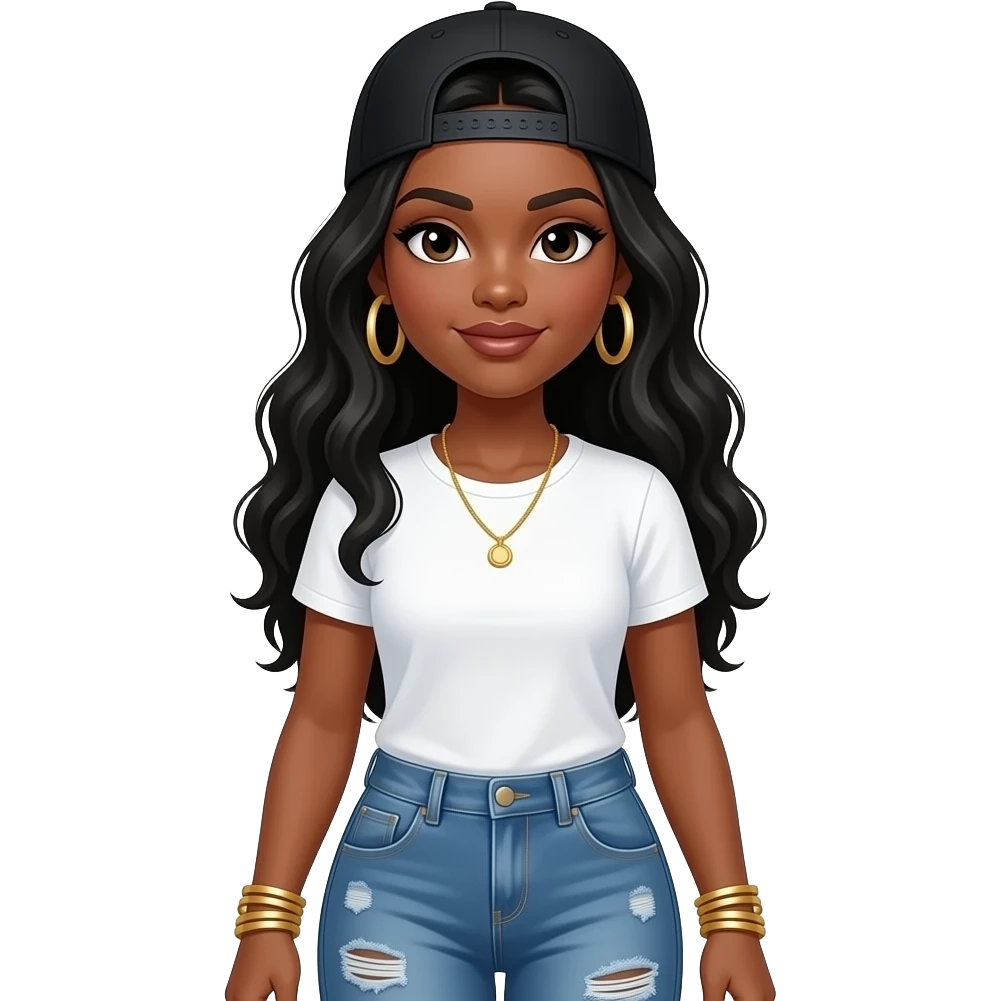 African American woman with long chest length black hair wearing a black adjustable cap to the back wearing a white t shirt wearing gold hoop earrings wearing a gold tennis necklace and multiple gold bracelet wearing distressed denim jeans emoji