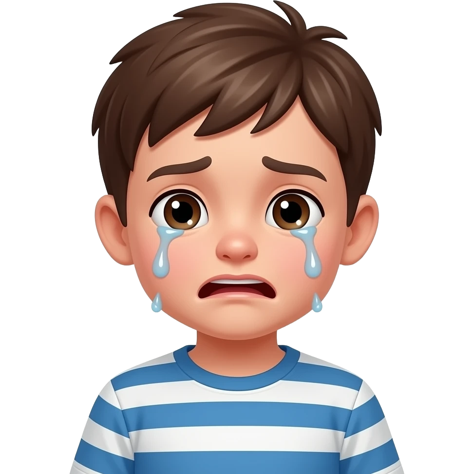 brown haired boy child with a srtipped blue white shirt crying emoji