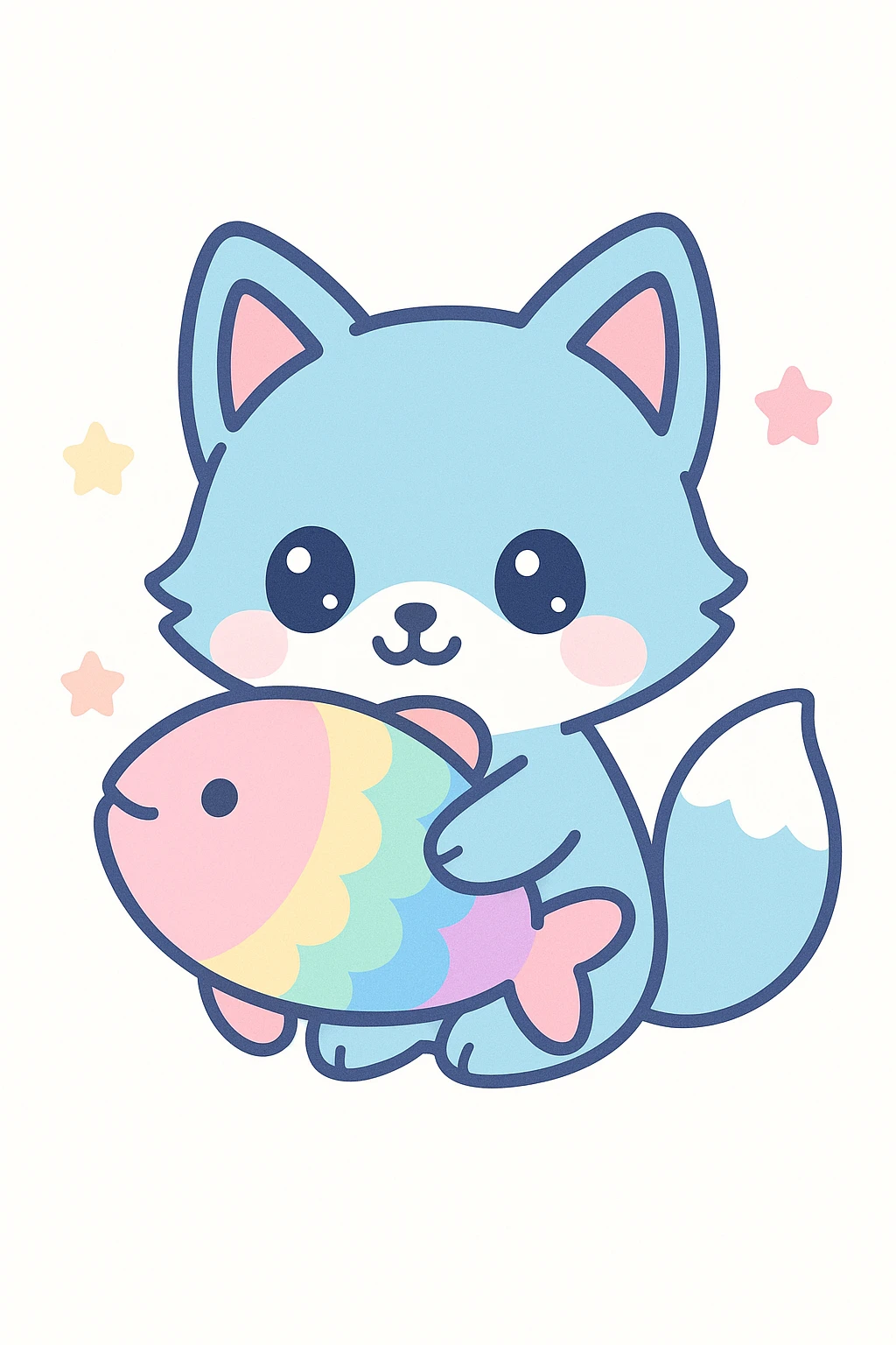 cute blue fox hugging a rainbow fish in kawaii cartoon style emoji