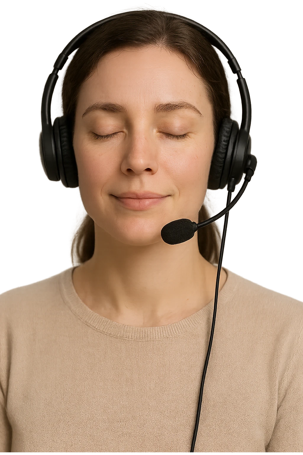 realistic person with closed eyes, headphones, and a microphone, peaceful and relaxed mood, high definition, smooth edges emoji