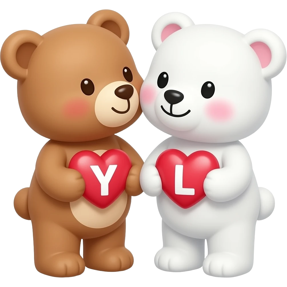I want one light brown bear teddy kissing on cheek white bear teddy both holding heart , both a little furry, the  white bear blushes and smiles , add letter Y to the heart of the brown bear and letter L to the heart of the white bear emoji