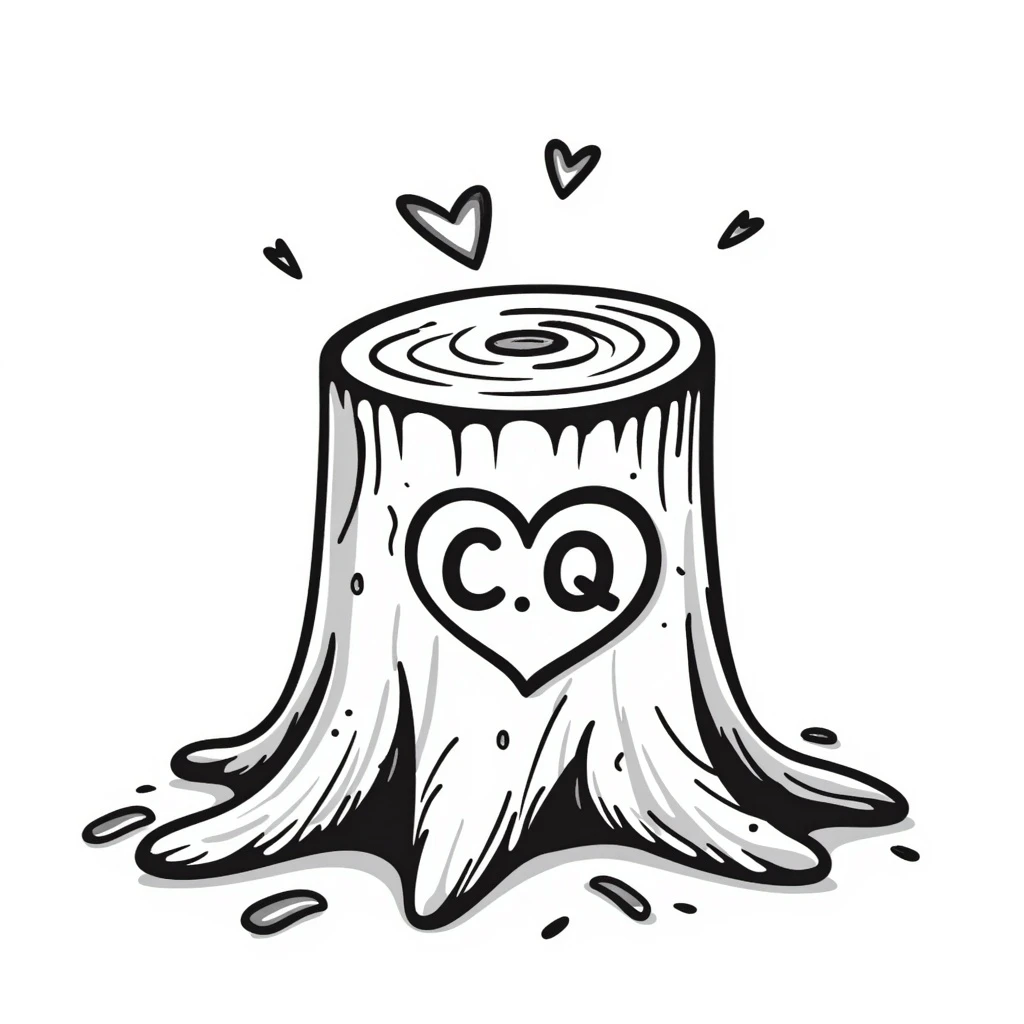 Replace the words 'Chaos King' and 'Chaos Queen' with the initials 'CK' and 'CQ' etched in a dramatic, energetic style in the heart on the tree stump, wood shavings around, hand-drawn doodle style. emoji