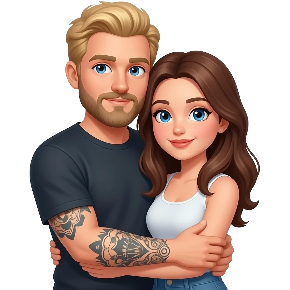 Un couple avec un gars blonc aux yeux bleu, avec une barbe, tatoué et une femme châtain aux yeux bleus, au teint très clair, qui se font un câlin emoji