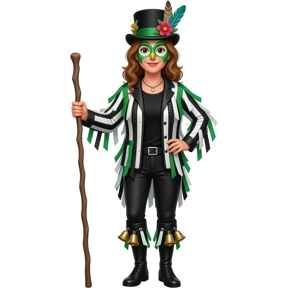 A Female Morris dancers carrying a stick with a ragged jacket in black white and green stripes with the occasional piece of sparkly fabric. A black tshirt. A top hat decorated with lots of feathers flowers and green face paint that looks like an owl.back t shirt. Bells below the knees emoji