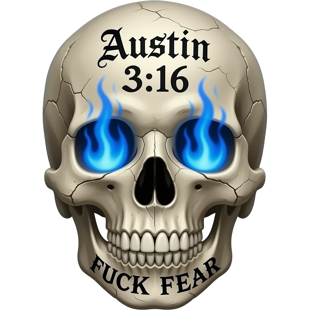 Forward facing, cracked, human skull, skull pieces missing, FUCK FEAR carved on jaw, same gothic font, slightly open, teeth slightly chipped, Austin 3:16 stacked, carved in forehead, eye & nose cavity with intense blue flames, words in a BLACK GOTHIC FONT, entire skull is aged, sun dried, weathered emoji