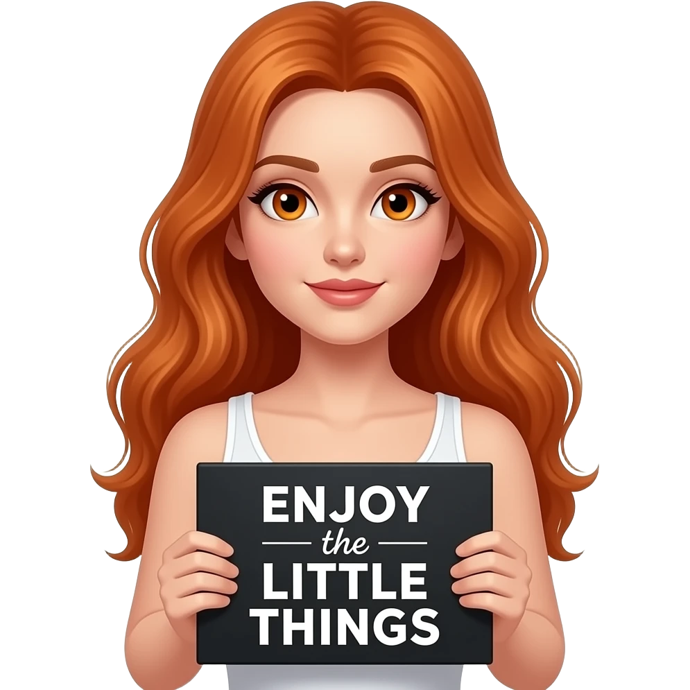 sexy girl with long ginger hair and ginger eyes wearing a white tanktop is holding a black sign with ENJOY the LITTLE THINGS written on it emoji