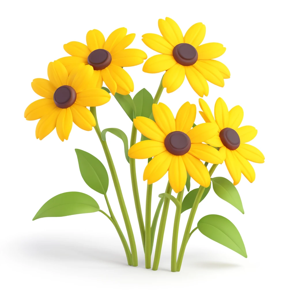 three yellow rudbeckia flowers with green leaves, 3D iOS style, soft shadows, realistic highlights, white background emoji