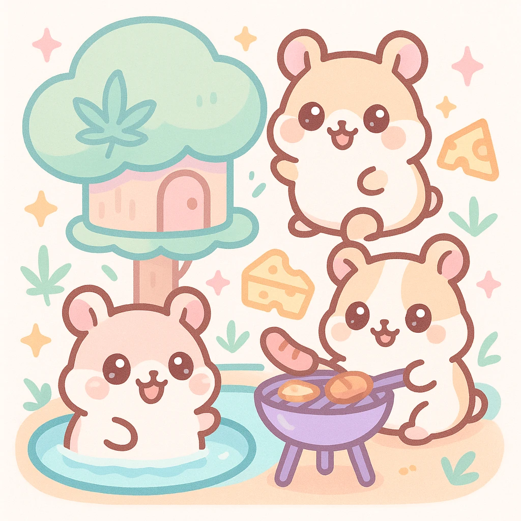 Discord server icon, square format, summer pool cookout scene with up to 3 hamsters, weed leaves, cheese, and THC theme, near a treehouse, possibly in space, kawaii style, soft but colorful, nostalgic, fun, inviting, summer party vibe, clear composition, less vibrant colors emoji