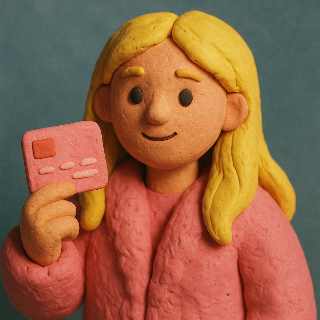 blonde girl with long hair, pink fur, holding a pink credit card, claymation style emoji