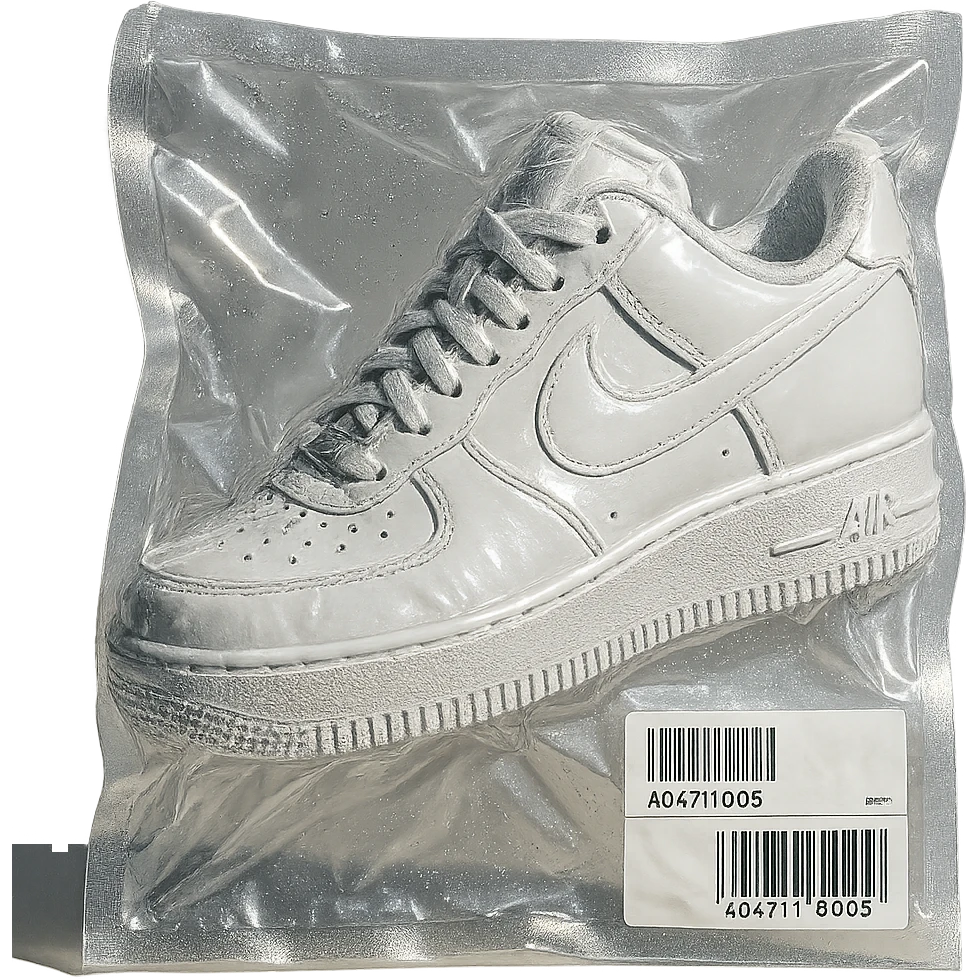vacuum-sealed Nike Air Force 1, squished and reflective, compressed, shiny, white color emoji