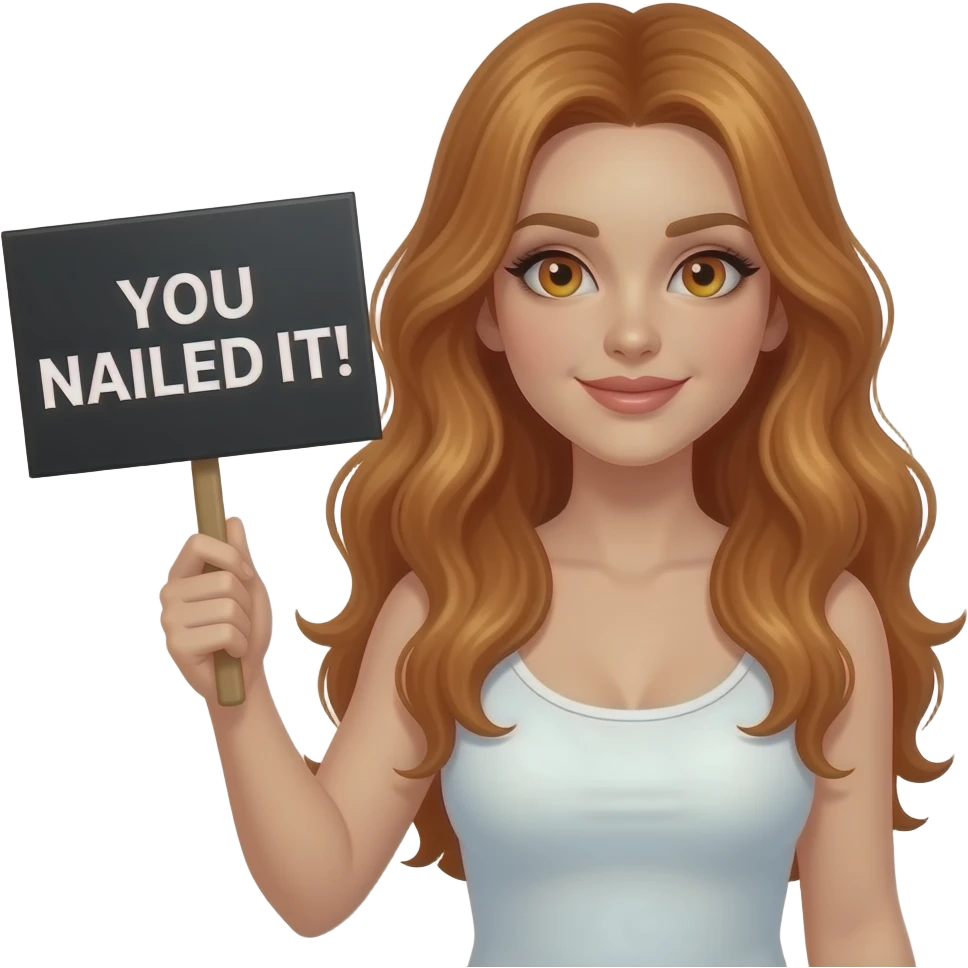 sexy girl with long wavy ginger hair and ginger eyes wearing a white tanktop is holding a black colored sign with YOU NAILED IT! written on it emoji