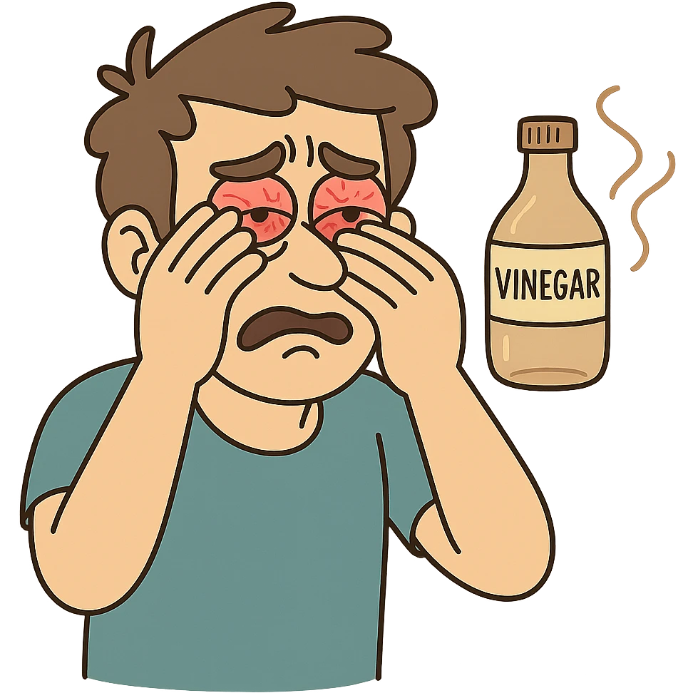 a person rubbing their eyes, eyes red and watery, showing discomfort after vinegar exposure, cartoon style emoji