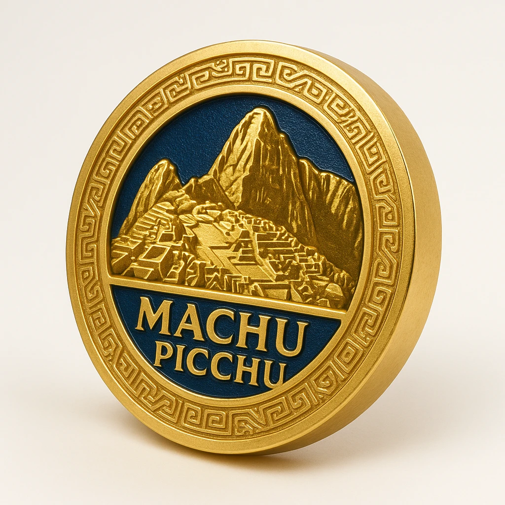 circular Machu Picchu logo with ancient Inca pattern border, gold and deep blue, elegant and timeless emoji