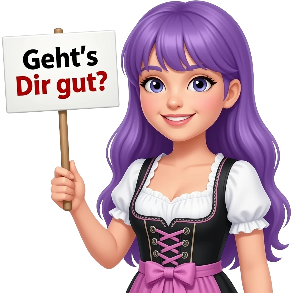 girl with long purple hair wearing a dirndl holding a Geht's Dir gut? sign emoji
