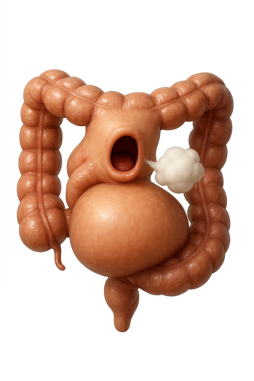 emoji stile iphone di un intestino che ingoia una nuvoletta di aria ben visibile e gli si gonfia la pancia, non fargli il naso, iperrealistico 4k emoji