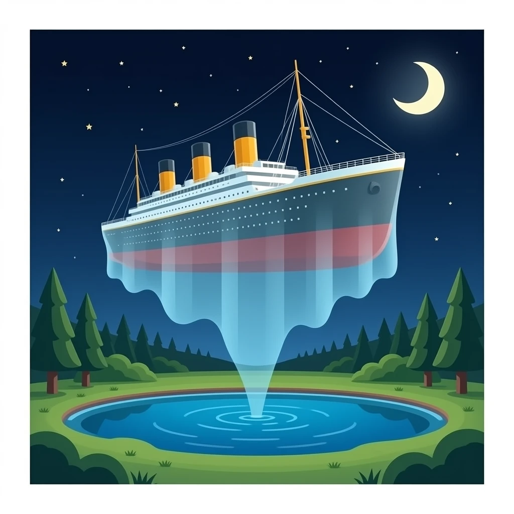 the ghostly ship Titanic hovers in the night sky above a pool of water emoji