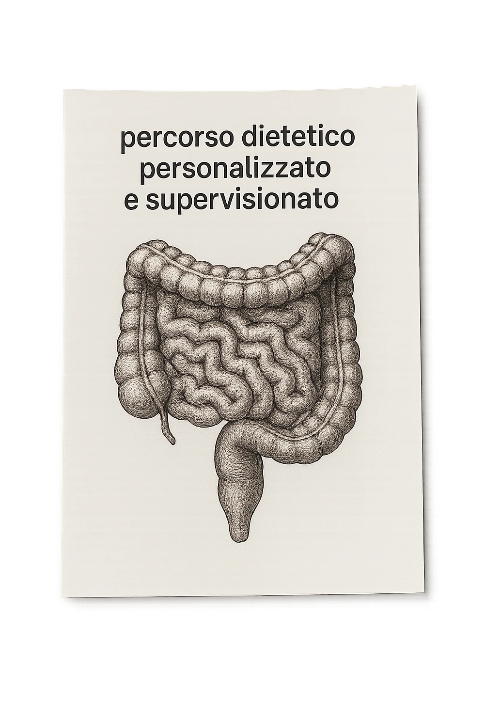 foglio di carta con intestino disegnato sopra e la scritta "percorso dietetico personalizzato e supervisionato", iperrealistico 4k emoji