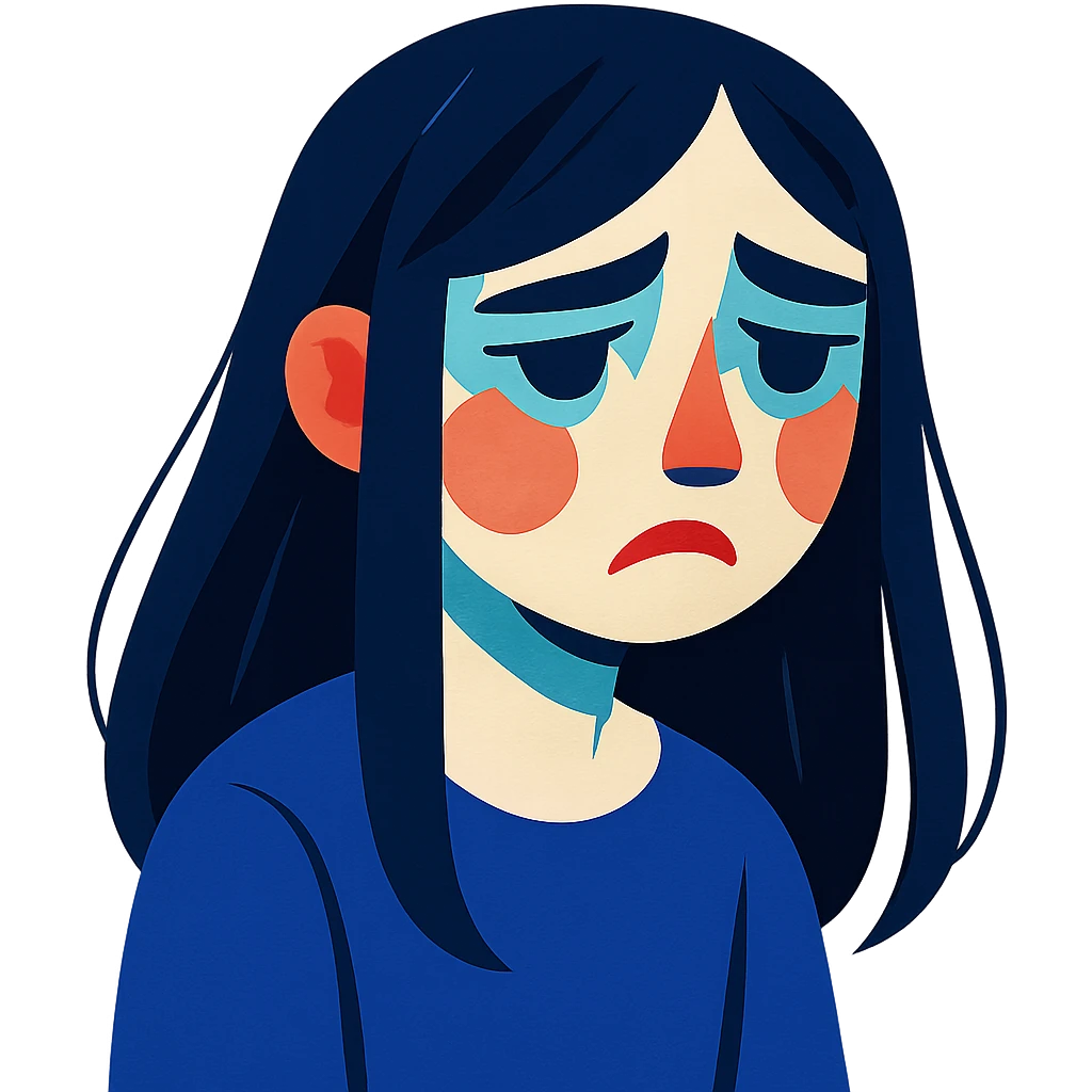 pale girl with long black hair, sadness, emotional, stylized vibrant toon style emoji