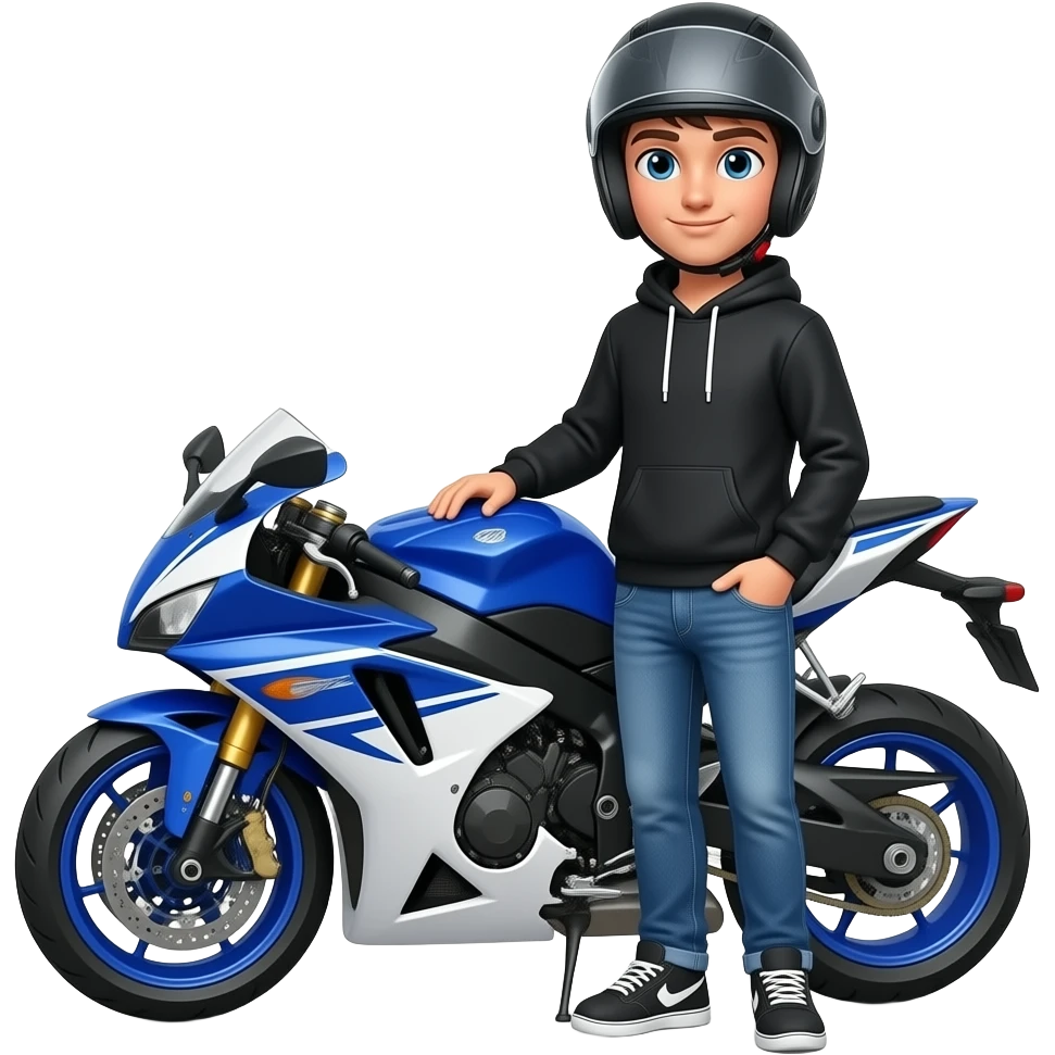 young man with blue jeans and a black hoodie wearing a black motorcycle helmet and in front of him is standing a blue white motorcycle emoji