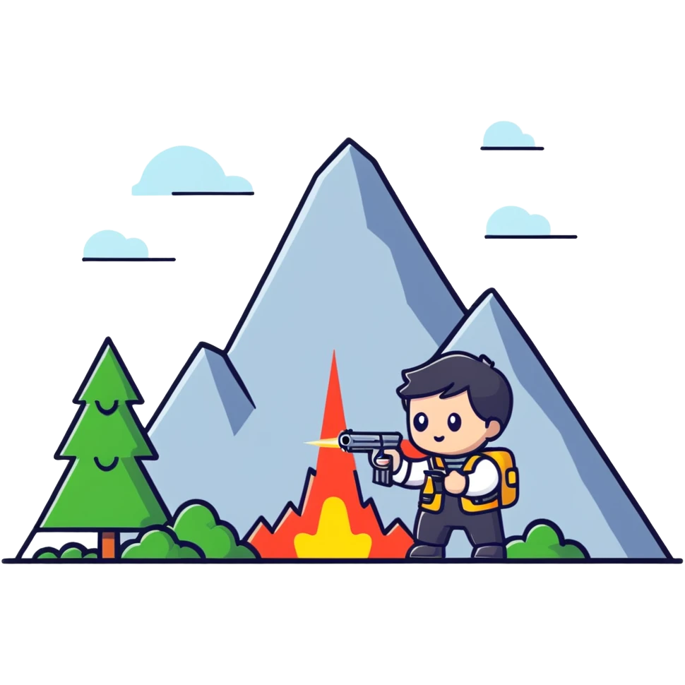 Cute tiny character with a toy gun shooting at a mountain with little figures emoji