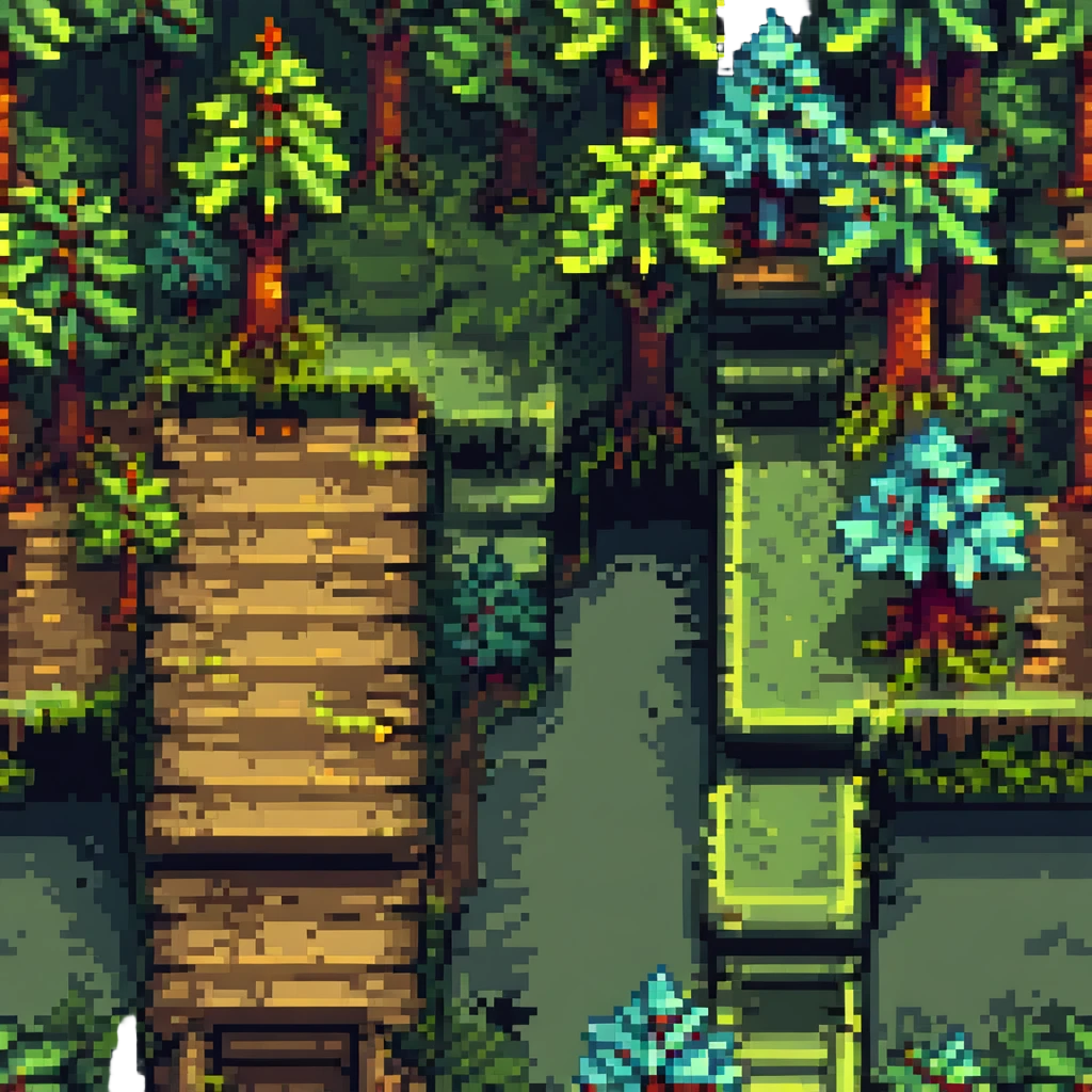forest level with trees, platforms, and hidden paths in pixel art style emoji