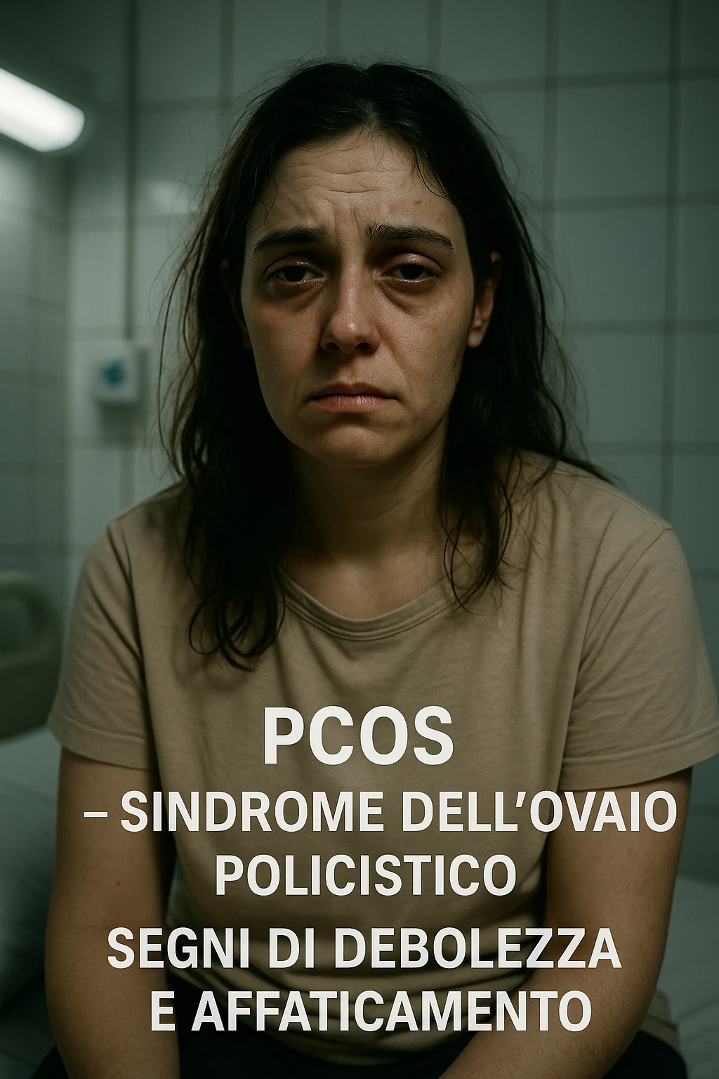 Donna con PCOS, aspetto debilitato e stanco, segni visibili di sofferenza, ambiente clinico, luci drammatiche, dettagli realistici, didascalie in italiano, verticale 2:3 emoji