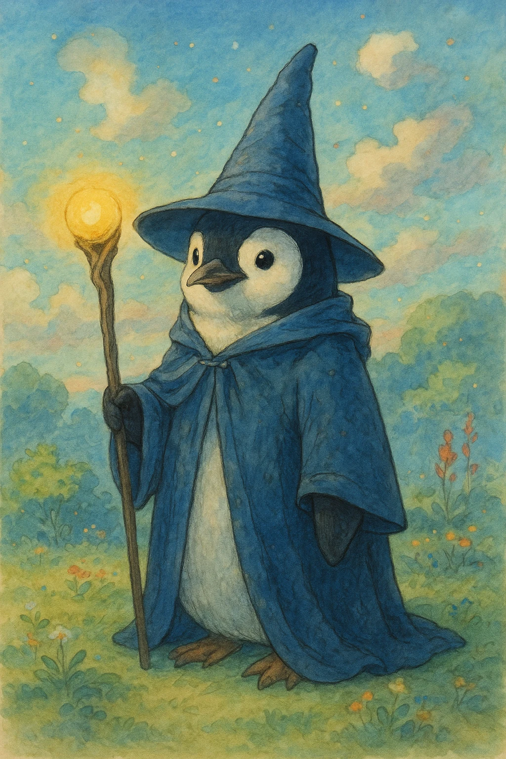 penguin wizard, detailed, beautiful ghibli style illustration emoji