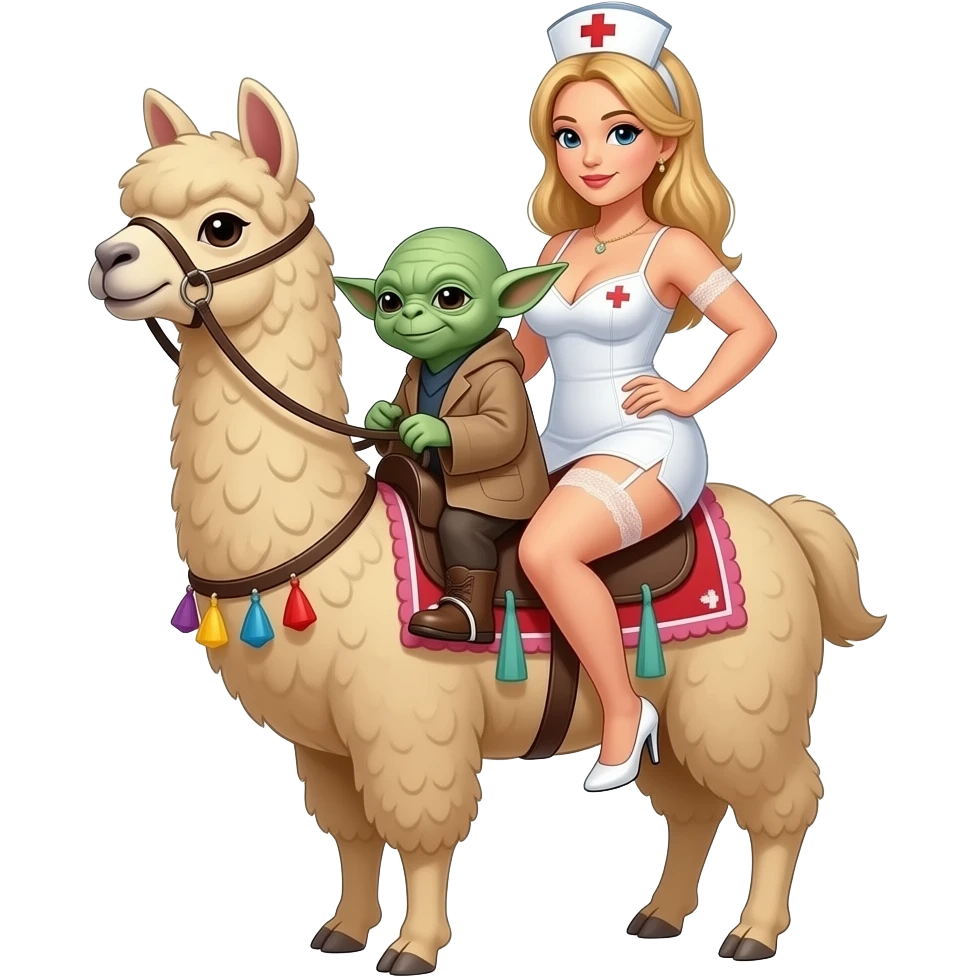 Yoda and a big breasted nurse in lingerie and stiletto heels riding a llama emoji