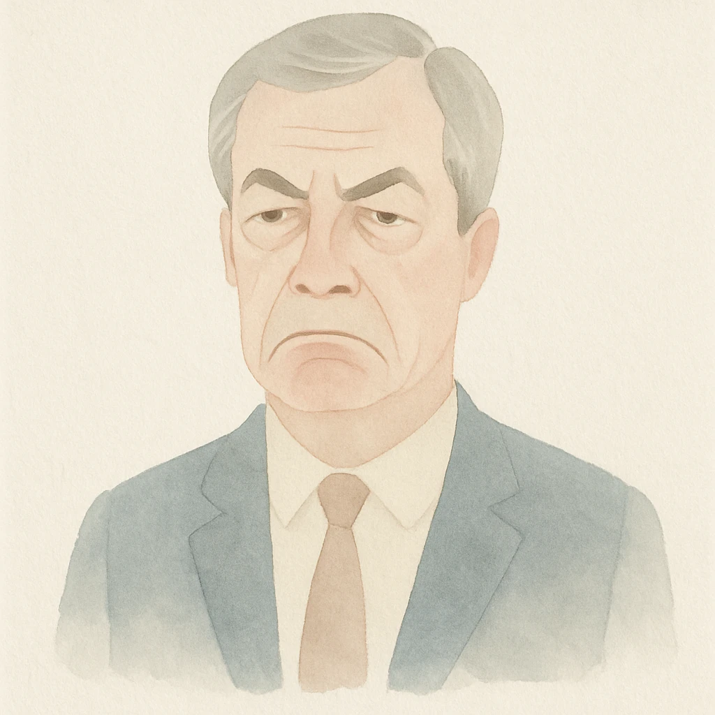 Nigel Farage looking grumpy, watercolor illustration style emoji