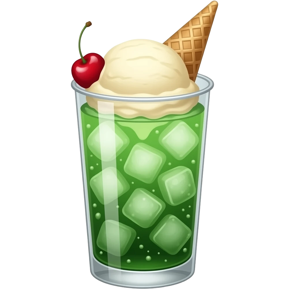 Green cream soda with an ice cream without a cone and a cherry on top in a tall cup with ice emoji