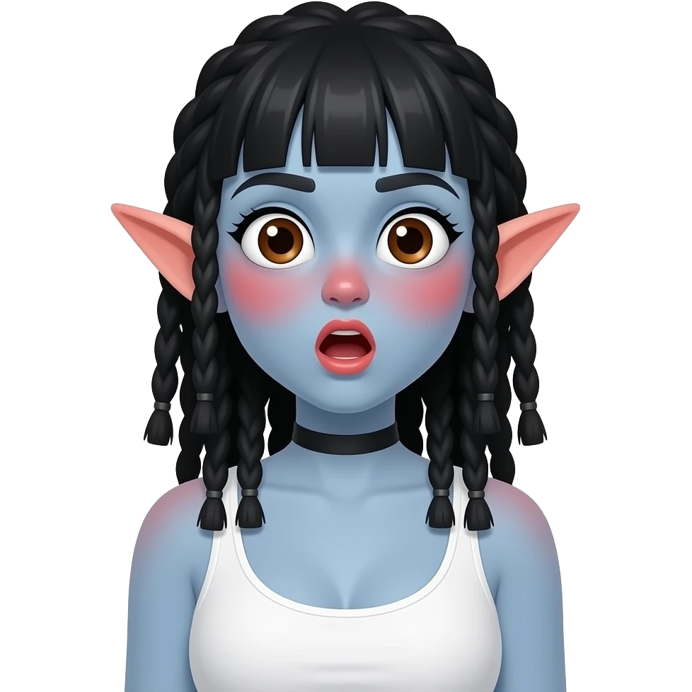 놀란 동공. 커다란 눈. 하얀 동공에 갈색렌즈. 살색의 뾰족하고 커다란 귀. 파란색 스킨. 붉은 홍조. 이마 주름은 없고 입은 O모양. 앞머리있는 검정 긴생머리.드레드헤어. 흰색 나시를 입고 큰 가슴. 목에는 검정색 얇은 띠의 초커. emoji