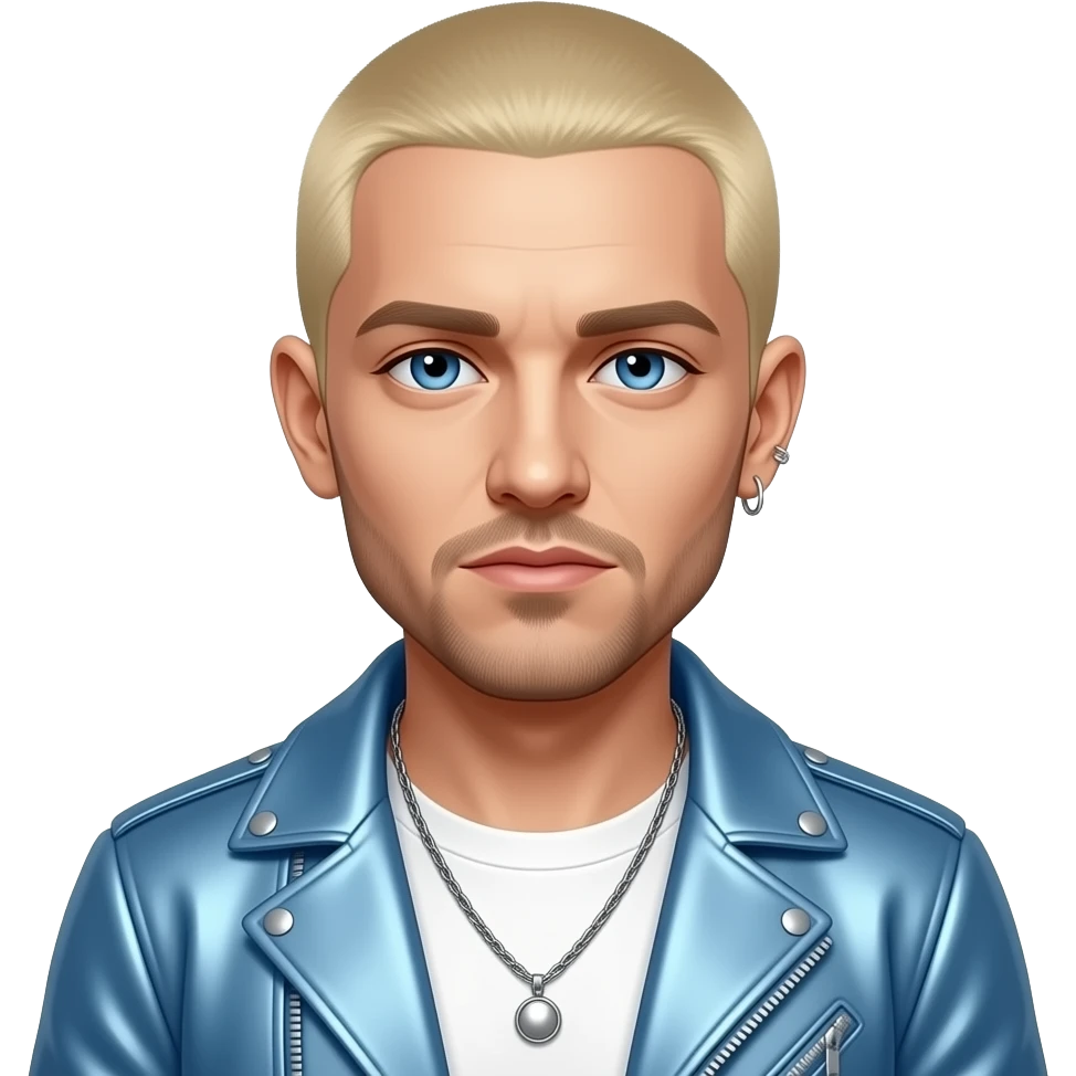 Eminem with blue eyes, blonde buzz cut hair, white metallic shirt, baby blue metallic jacket, necklace and earrings emoji