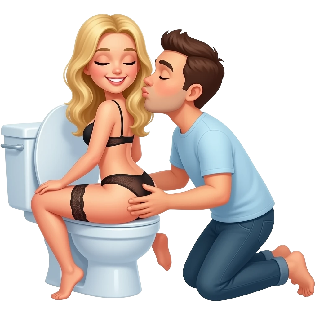 White blonde woman in lingerie sits backwards on open toilet spreading her butt cheeks open while man kneels behind her kissing her butt. Eyes closed smiling emoji