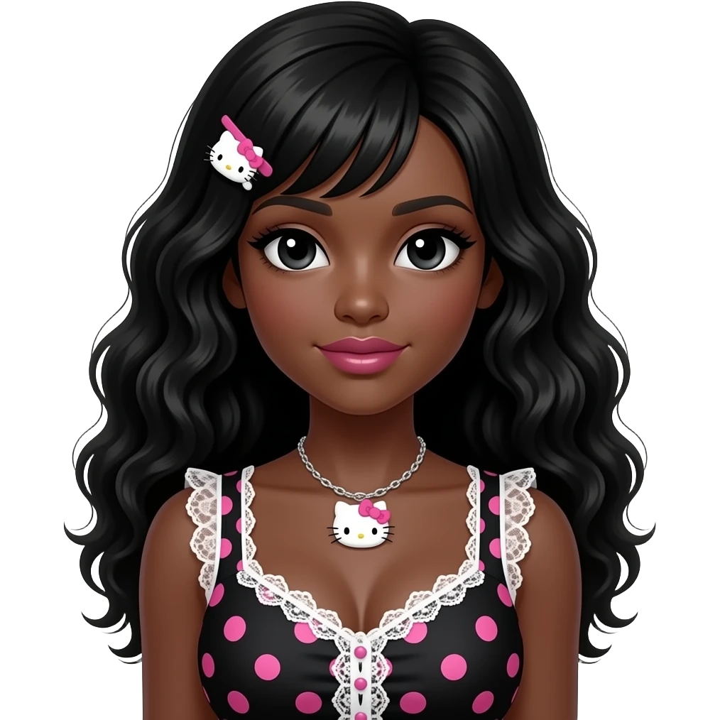 black girl, pink lips, my melody hairclip, dark brown skin, Doll faced shaped, hello kitty necklace, bimbo, black doll eyes, Big lips, long curly black hair, with white or black lace pink polka dots with gyaru sleeveless shirt, with big breast emoji