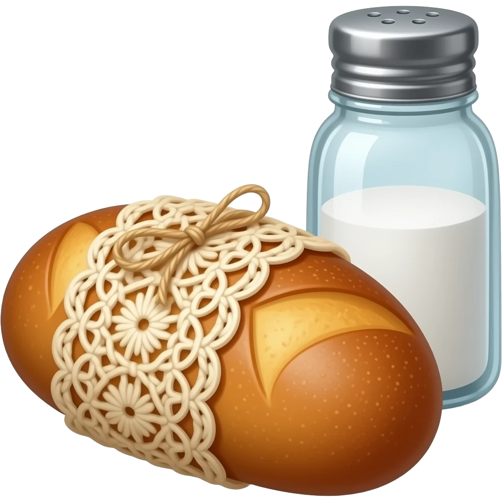 steampunk style - a small cut-out peasant bread wrapped in crocheted fabric, next to which stands a large glass salt shaker emoji