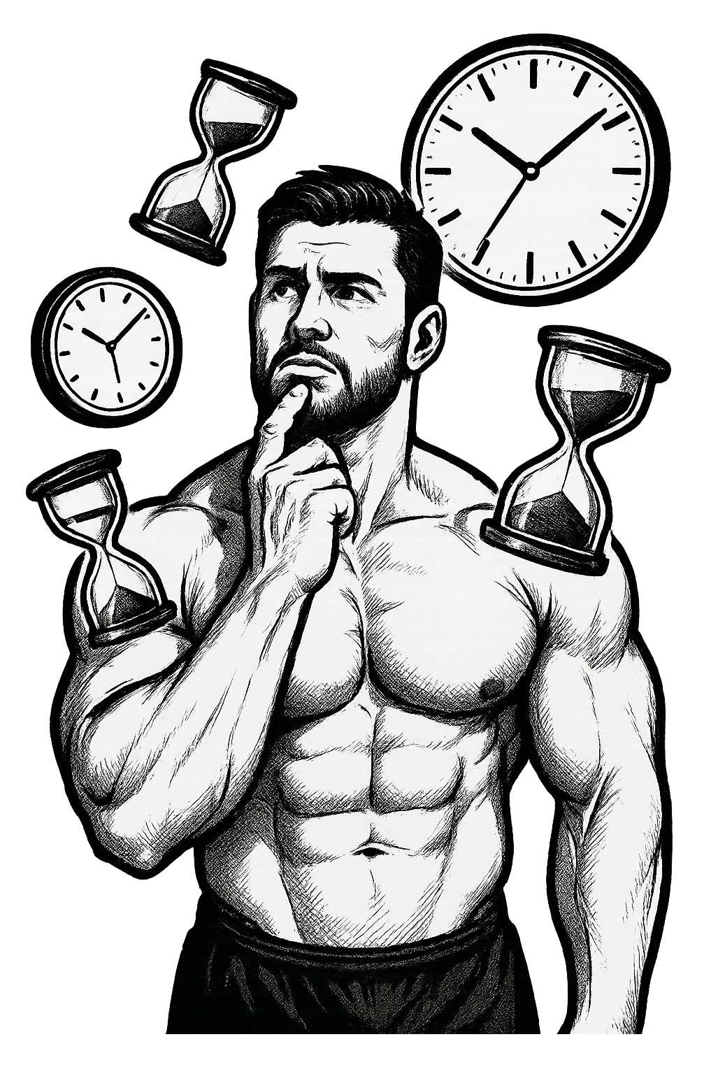 bodybuilder pensieroso che si tiene l'indice sul mento, alle sue spalle fluttuano clessidre e orologi da muro emoji