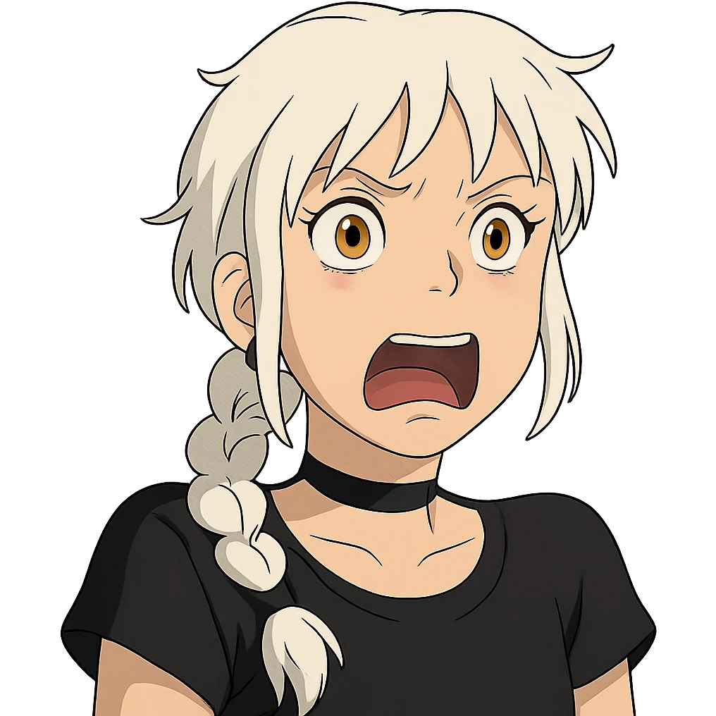 shocked young female with gold yellow eyes, white hair, long braid, punk gothic style, expressive face, black choker emoji