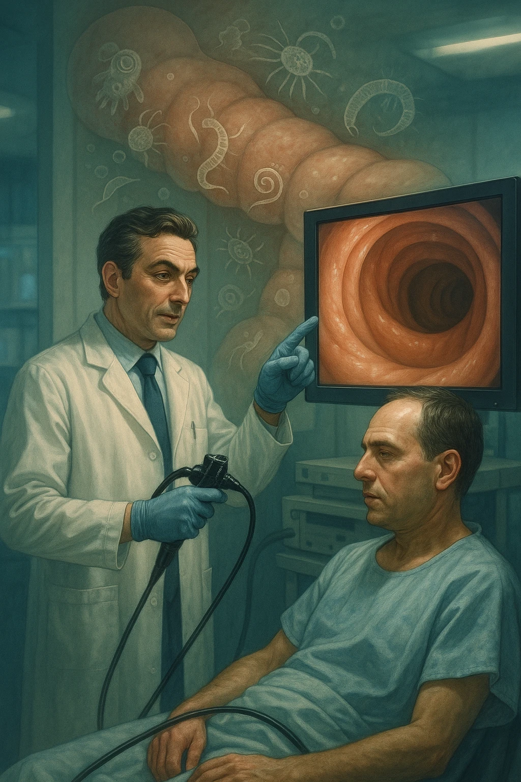 A medical cinematic illustration showing a patient undergoing a colonoscopy in a modern clinical setting. On the monitor, the endoscopic camera shows smooth, healthy-looking intestinal mucosa — clean and without evidentiary signs. But layered symbolically in the background (or faded into the intestinal wall), tiny parasitic organisms like protozoa and helminths are subtly depicted hiding between folds, or embedded deeper in tissues, undetectable by the surface-only scope. The doctor gestures with confidence, while the patient remains unaware that the test might not reveal the true underlying infection. The scene has cool clinical lighting, shallow depth of field, and realistic anatomy, overlaid with symbolic, almost ghost-like imagery of parasites in italiano emoji