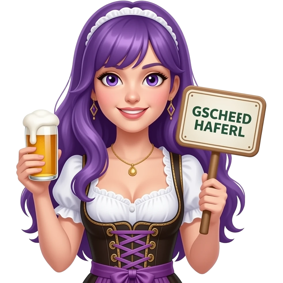 sexy girl with long purple hair and purple eyes wearing a dirndl holding a GSCHEID HAFERL! sign emoji