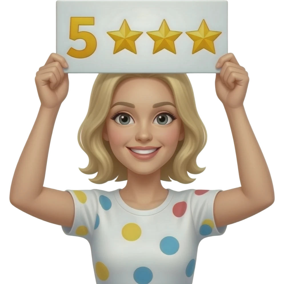 Holding up a sign with 5 stars a women emoji